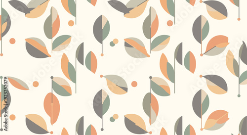 Seamless Pattern of Stylized Autumn Leaves and Dots on Cream Background