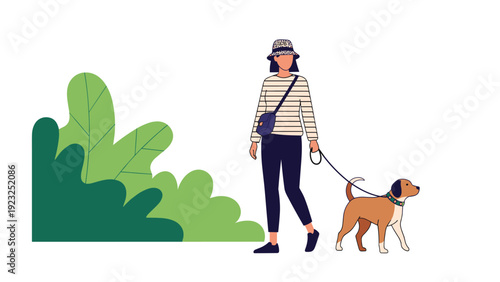Fashionable woman wearing a striped shirt and a hat walks her brown and white dog on a leash past green bushes in a clean flat illustration style.