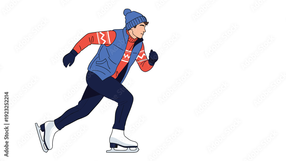 Fototapeta premium Athletic man in a blue vest and red sweater ice skating across a white frozen pond or rink in a dynamic action pose on a clear white background.