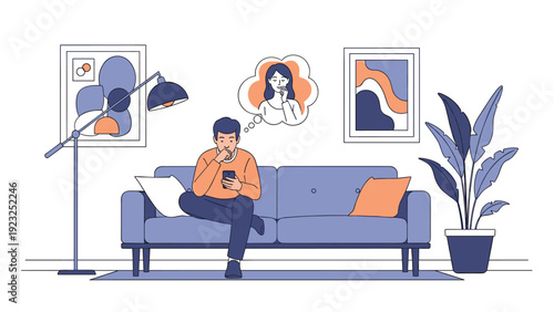 Thoughtful man sitting on a sofa looking at his phone thinks about a woman appearing in a dream bubble above his head in a modern living room.