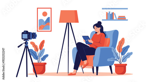 Content creator woman sitting in a blue armchair in her living room records a video while using a tablet and a camera on a tripod for social media.