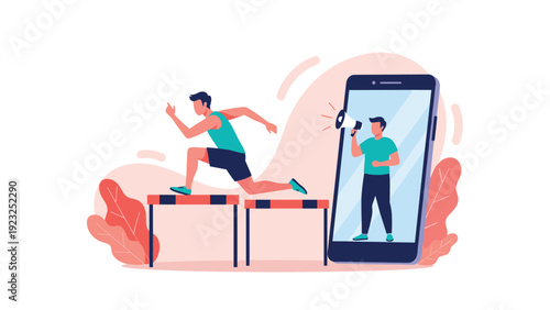 Male athlete training hurdles in a stadium while a digital coach on a large smartphone screen provides instructions through a megaphone to motivate.