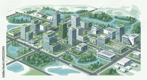 Sustainable city skyline with green rooftops, modern architecture, and eco-friendly urban planning.