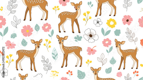 Sweet seamless pattern featuring cute baby deers or fawns frolicking among various colorful flowers and leaf branches on a clean white background.
