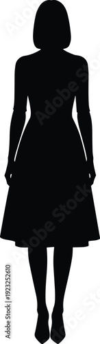 Black silhouette of a graceful woman wearing an elegant dress standing isolated on white background representing fashion style femininity professional lady and confident female posing