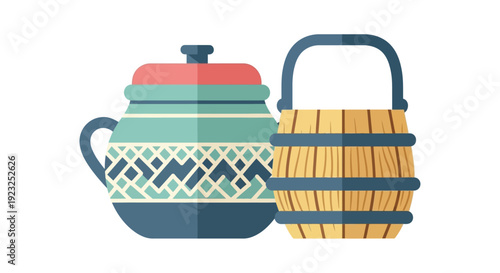 Traditional Ceramic Pot and Wooden Bucket with Handles, Rustic Kitchenware