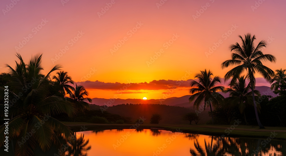 Obraz premium Serene tropical landscape with palm trees and a vibrant sunset reflection.