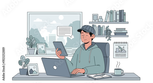 Young man working on laptop and tablet at home office desk, modern workspace