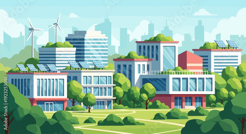 Eco-friendly city skyline with green buildings, solar panels, and wind turbines