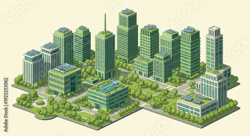 Eco-friendly city skyline with green buildings, solar panels, and lush trees