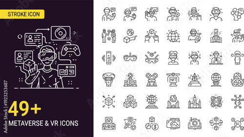 Metaverse and virtual reality line icon set featuring VR headsets digital avatars augmented reality gaming hardware and futuristic technology