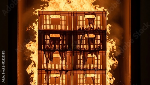Cages engulfed in flames, prisoners trapped, desperate situation unfolding, intense heat surrounding, dire circumstances prevailing