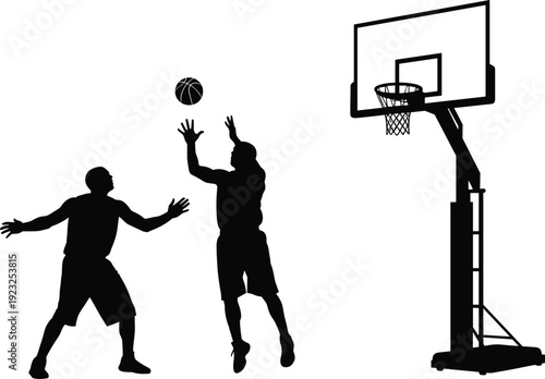 Basketball players silhouettes action set featuring athlete taking jump shot and defender guarding near portable hoop system basketball court