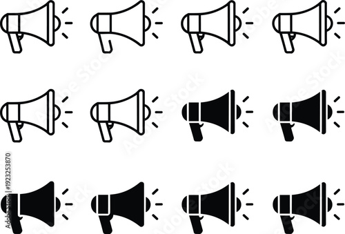 Set of Twelve Megaphone and Bullhorn Icons Featuring Linear Outline and Solid Black Styles for Marketing Communication Advertising Social Media Alerts and Announcement Graphic Design