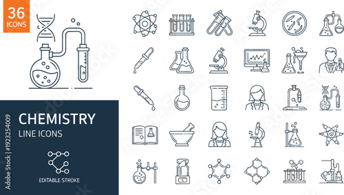 Chemistry and laboratory science line icon set featuring research equipment dna structures microscopes test tubes and scientific experiments