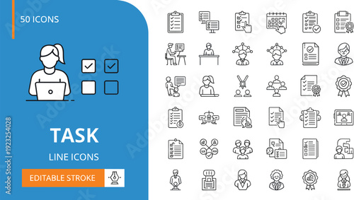 Business task and office management line icon set featuring employee performance checklists administrative duties reporting and professional workflow
