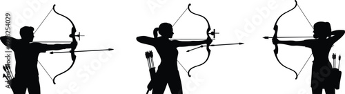 Archery athletes aiming with bow and arrow in dynamic black silhouette vector illustration isolated on light background for sport and competition design