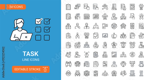 Task management and productivity line icon set featuring business checklists organizational workflows time tracking and professional project planning