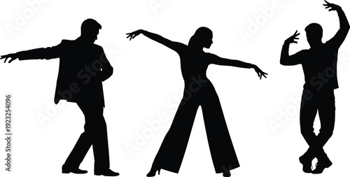 Black silhouettes of expressive people dancing and posing in elegant outfits isolated on white background representing joy movement party celebration performance art and lifestyle