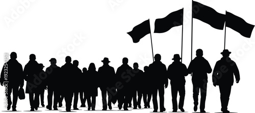 Large crowd of people marching in a protest silhouette with flags for political activism revolution or social demonstration