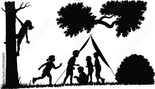 Children camping and playing outdoors silhouettes in black vector illustration with tent and tree isolated on light background for summer adventure design