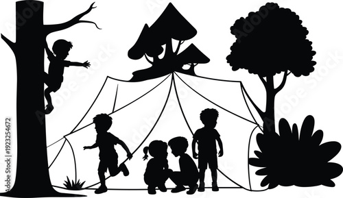 Children camping and exploring nature silhouettes with tent and trees in black vector illustration isolated on light background for summer adventure design