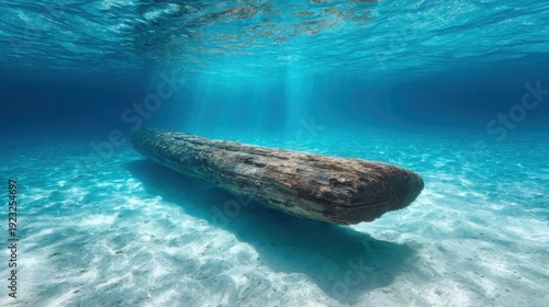 Weathered Driftwood Log Submerged in Clear Blue Underwater Sunlight Over Sandy Seabed