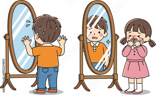 Children expressing emotions in front of mirror, self reflection and feelings concept in cute cartoon vector illustration isolated on light background