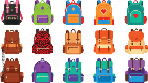 Collection of colorful school backpacks and student bags in flat vector illustration isolated on light background for education, fashion, and retail design