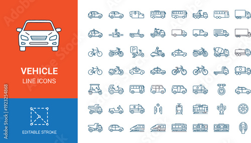 Comprehensive vehicle line icon set featuring cars trucks buses motorcycles trains and various urban transportation delivery symbols