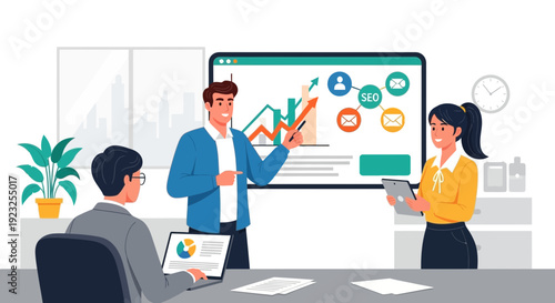 Business presentation illustrating growth and seo strategy in a modern office meeting