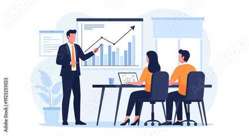 Business presentation meeting with rising graphs and teamwork in a modern office environment