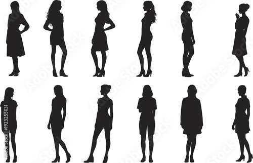 Collection of women standing silhouettes in stylish poses, black vector illustration isolated on light background for fashion, modeling and character design use