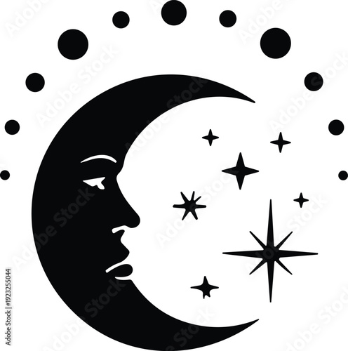 Crescent moon with human face vector illustration, lunar phases, stars cluster, celestial night sky, mystical cosmic art design
