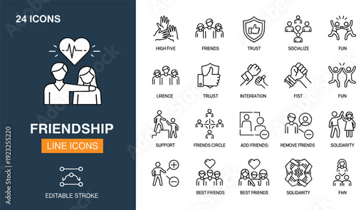 Friendship and social connection line icon set featuring community support trust partnership unity cooperation and human relationship symbols,