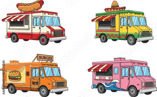 Colorful food truck collection with hot dog, taco, burger and ice cream van designs, street fast food cartoon illustration isolated on white background