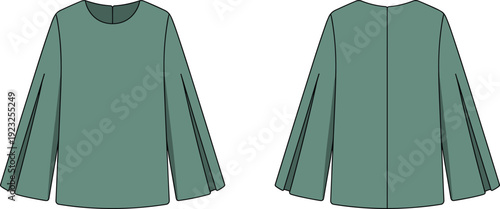 Technical Fashion Flat Sketch of a Sage Green Long Sleeve Blouse Featuring Elegant Pleated Bell Sleeves and a Simple Crew Neckline for Design Mockups