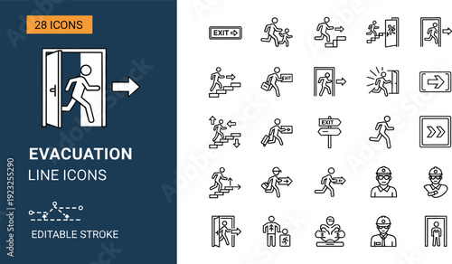 Emergency evacuation line icon set featuring fire exit escape route safety signage stairs and man running symbols