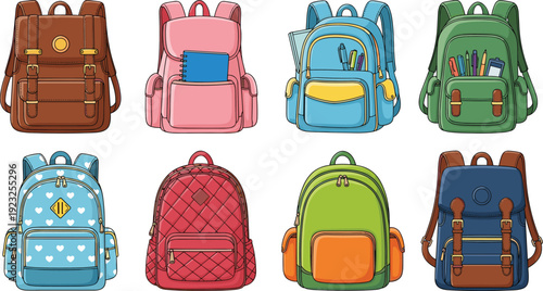 Colorful school backpack collection with modern and classic rucksack designs, student bags isolated on white background, education accessory illustration for back to school concept