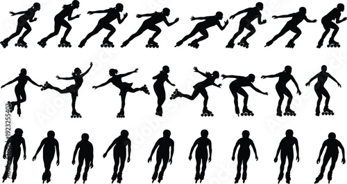 Professional inline skating silhouettes collection featuring athletes speed skating rollerblading dancing and racing in various dynamic active posesProfessional inline skating silhouettes collection f