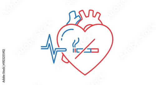 No smoking heartbeat line art icon with red heart and blue ecg anti smoking concept