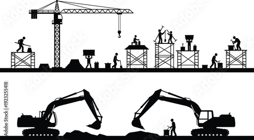 Construction site workers with tower crane and excavators, black silhouette industrial building process illustration isolated on white background for engineering and development concept