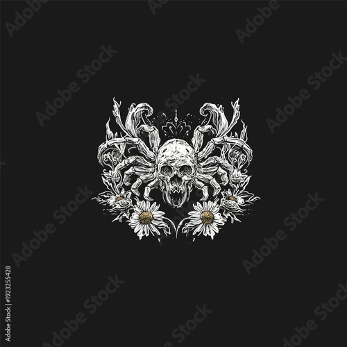 hand-drawn dark art illustration featuring a human skull with spider legs, surrounded by floral ornaments
