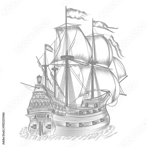 Vintage sailing ship engraving illustration	