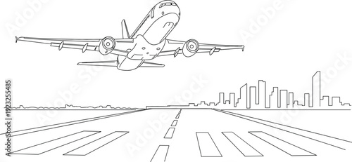 Commercial passenger airplane taking off from runway with city skyline background vector line art for travel and aviation concept