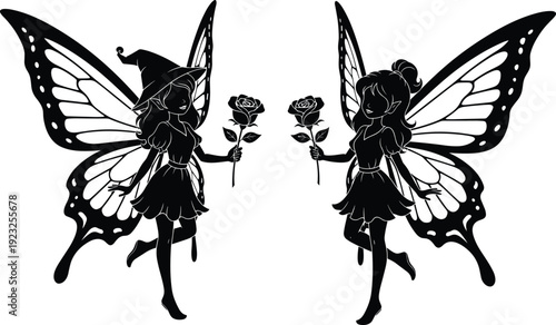 Fairy silhouettes with butterfly wings holding roses in black vector illustration isolated on light background for fantasy and decorative design
