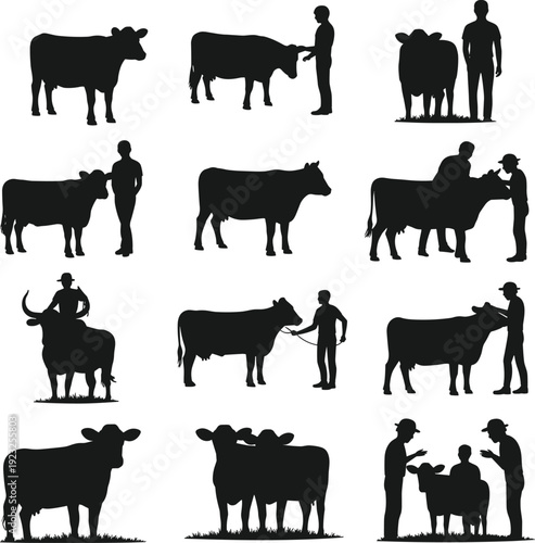 Farm cattle and rancher silhouettes collection in black vector illustration isolated on light background for agriculture, livestock breeding and rural farming design