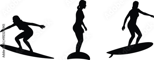 Female surfer silhouettes riding waves on surfboards, dynamic beach sport action in black vector illustration isolated on light background