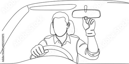 One line drawing of a man driving a car and adjusting the rearview mirror for safety and travel