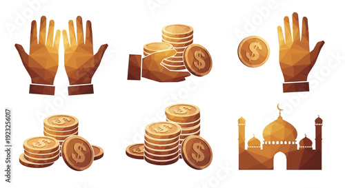 Flat lay illustration of hands giving and receiving zakat, coins, and a mosque, symbolizing zakat alms giving and Islamic charity.